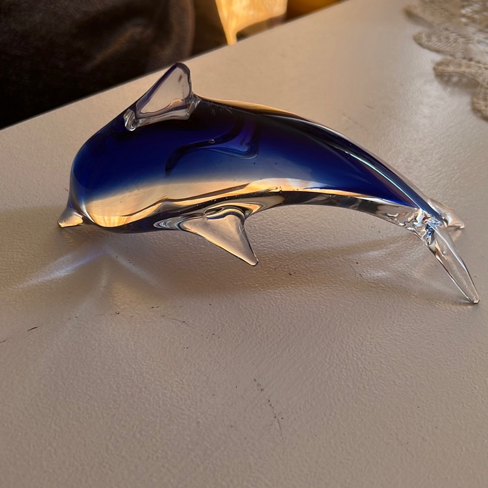 Blue and clear glass blown dolphin
